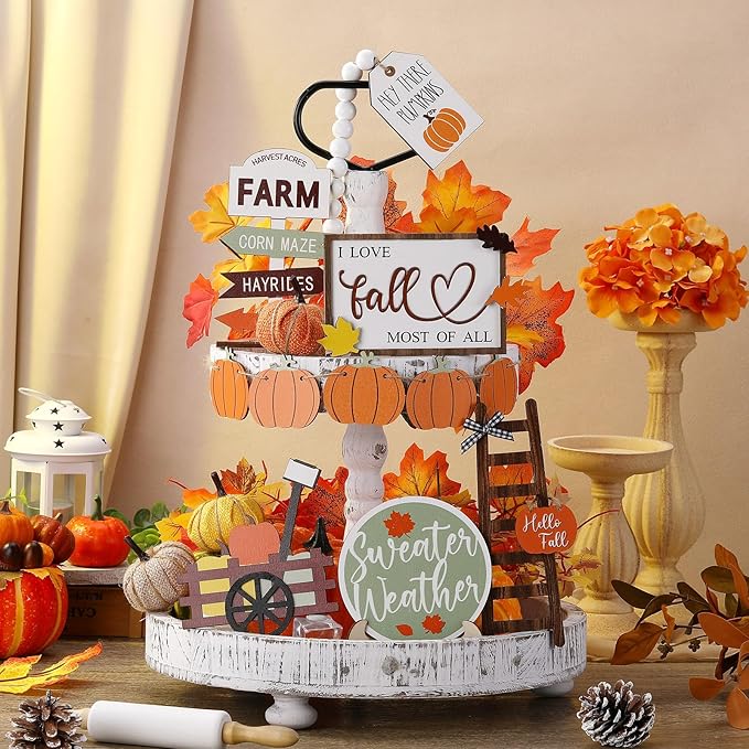 19 Pcs Bright Fall Tiered Tray Decor Autumn Farmhouse Home Decorations Set Fall Wood Tray Decor Autumn Thanksgiving Day Decorative Sign for Tabletop Kitchen Office Decorations