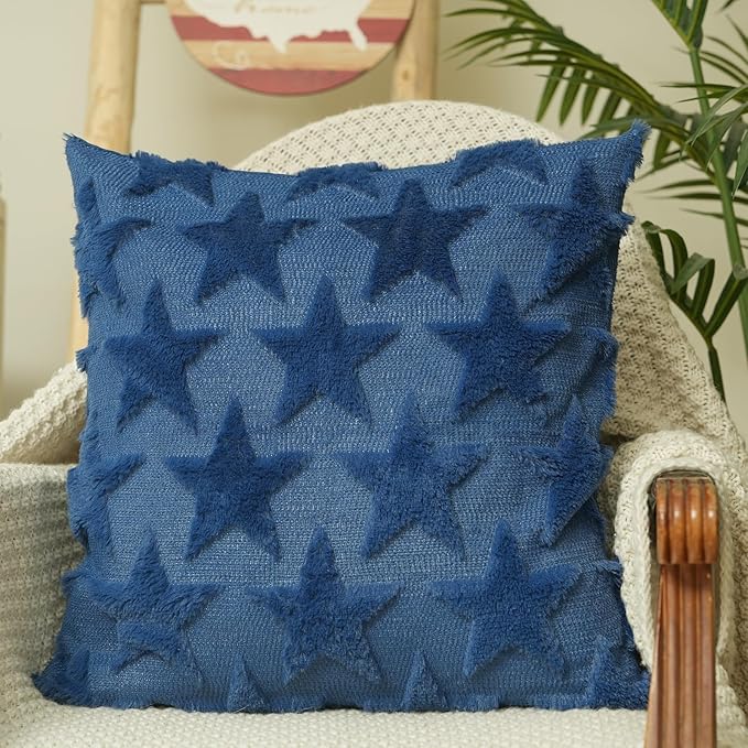 GEEORY 4TH of July Stars Soft Plush Pillow Covers, 20 x 20 Inch Set of 2, Fluffy Faux Fur Wool Decorative Farmhouse Cushion Case for Sofa Home Decoration Blue GC017-20