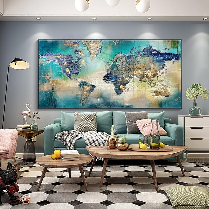 Pogusmavi World Map Canvas Art - Abstract Wall Art for Office & Living Room, Green, 30x60 Black Framed