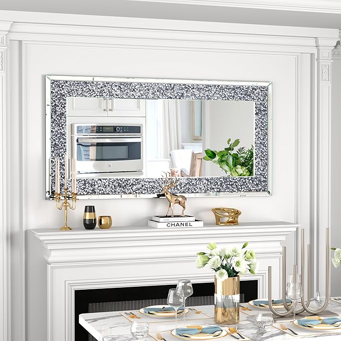 Crystal Crush Diamond Wall Mirror-47 x24 Silver Mirror, Gorgeous Rectangle Mirrors for Wall Bathroom, Bedroom, Dining Room and Living Room