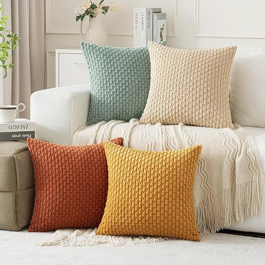 MIULEE Fall Throw Pillow Covers Soft Couch Decorative Set of 4 Boho Striped Cushion Covers Corduroy Pillowcases Farmhouse Accent Home Decor for Couch Bed Sofa Living Room 18x18 Inch Teal-Rust