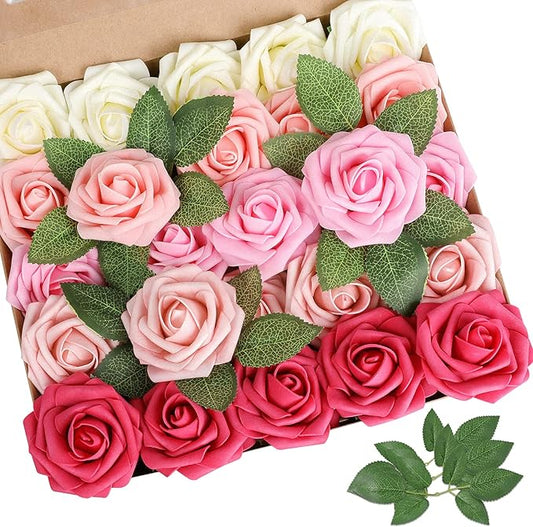 AmyHomie Artificial Flower Seriesa Red Rose 25pcs Real Looking Fake Roses w/Stem for DIY Wedding Bouquets Centerpieces Arrangements Party Baby Shower Home Decorations