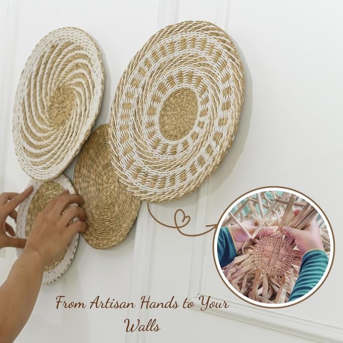 Wicker Wall Decor Set – Boho Basket Wall Art, Natural Woven Wall Art for Living Room Bedroom, Seagrass Decorative Plates For Wall Hanging, Flat and Lightweight