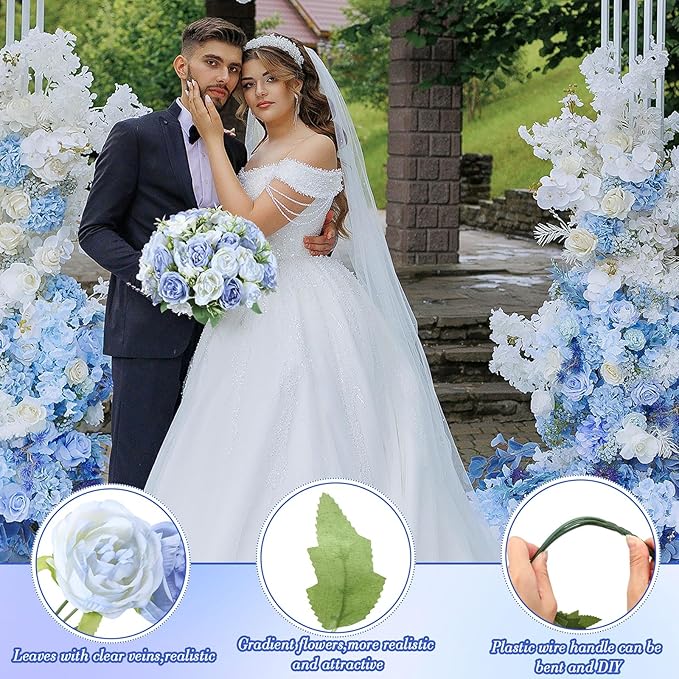 Geosar 16 Bundles Artificial Peonies Flowers Fake Silk Peony Bouquet Faux Peonies Flowers Bulk for Decoration Vase Florals Arrangements Wedding Party Table (Gradient Blue)