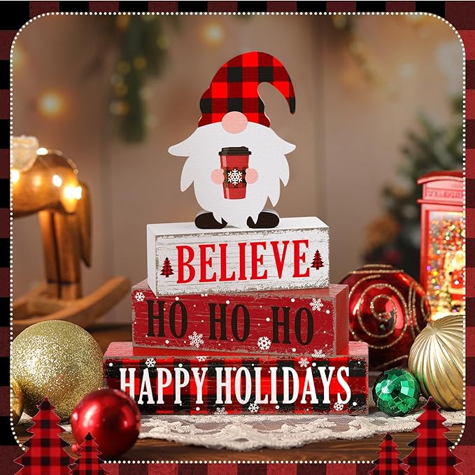 Geelin 4 Pcs Christmas Wooden Table Decorations Xmas Red and White Buffalo Plaid Signs Rustic Happy Holiday Tiered Tray Decor Xmas Gnome Tabletop Centerpieces for Home Desk Room Kitchen Shelf