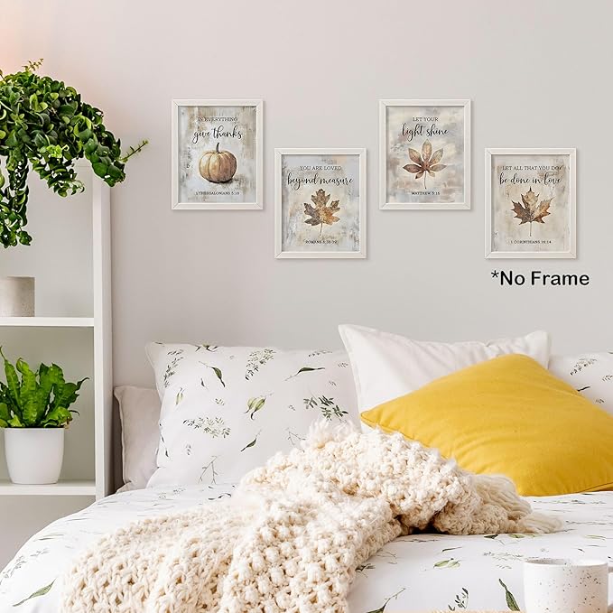 TLESKE Rustic Fall Christian Pumpkins Maple Leaves Posters Prints Unframed Set of 4 for Farmhouse Bedroom Living Room Kitchen, Vintage Autumn Wall Art Prints Decor, Thanksgiving Wall Pictures, 8x10