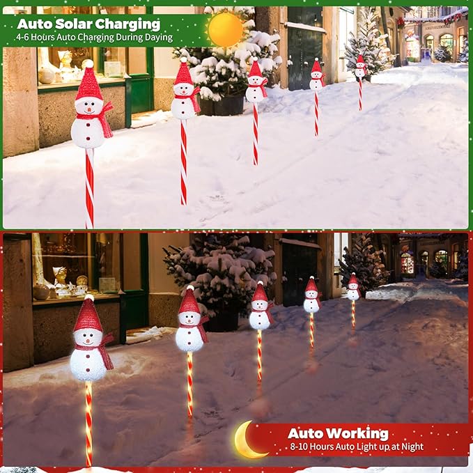 Set of 3 Snowman Solar Christmas Decorations, 8 Modes Solar Garden Lights, Candy Cane Christmas Stake Light, Outdoor Xmas Decor for Yard, Patio, Pathway (White)
