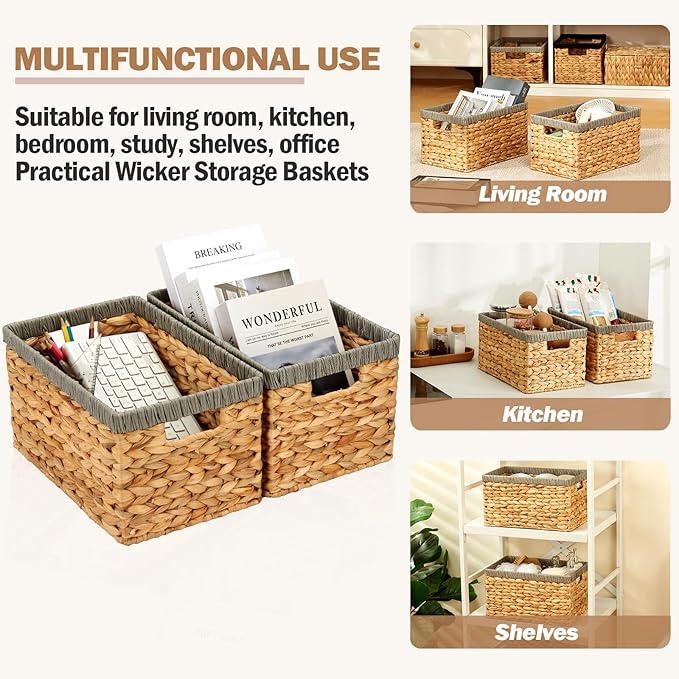 Wicker Storage Basket 2 Pack, Water Hyacinth Storage Baskets with Built-in Handles, Large Wicker Baskets for Storage & Organizing, Natural with Grey