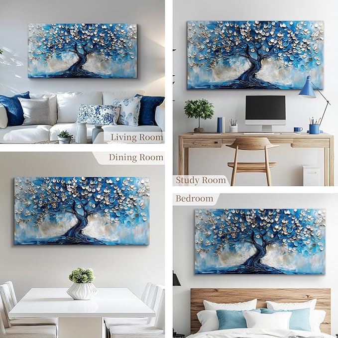 crmotu Tree of Life Large Wall Art for Living Room, Blue Tree Canvas Decor Paintings Abstract Art Prints, Neutral Navy Blue Pictures Wall Decor for Bedroom Bathroom Office Modern Home Decor 24"X48"