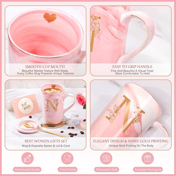 Coffee Mugs - Birthday Gifts for Women, Personalized Initial Customized Mug Tea Cup with Lid 14 Oz Pink, Spoon Greeting Card, Luxury Gift-Boxed Christmas Gift for Her Wife Mom Grandma Friend Unique,N
