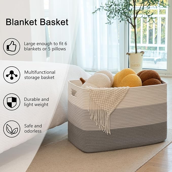 OIAHOMY 108L Large Cotton Rope Basket, Rectangle Woven Baskets for Storage, Nursery Blanket Storage Living Room, Toy Basket With Handle-25”x16”x16”-Gradient Grey