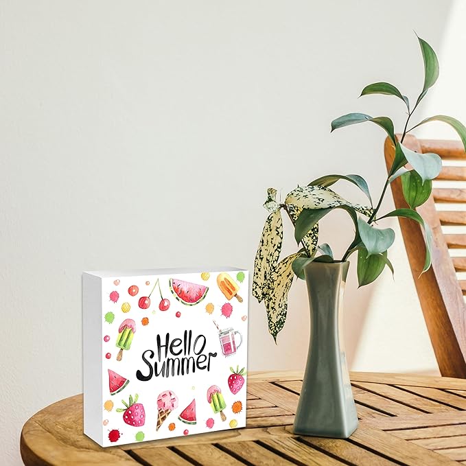 Hello Summer Decor,Wooden Plaque Sign Box for Desk Home Bedroom Office 5x5 Inches.(061)
