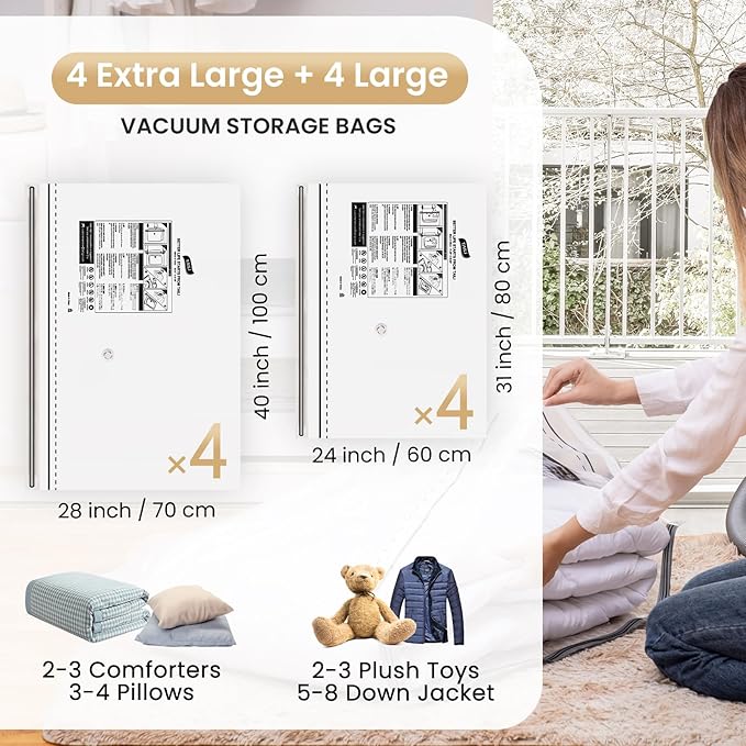 TAILI 8 Pack Vacuum Storage Bags, Multi-Size Combo (4 Large+4 Jumbo), LONG SIDE ZIP Vacuum Seal Bags for Clothing, Storage Bulky Beddings, Blankets and Clothes, Space Saver for Closet Organization
