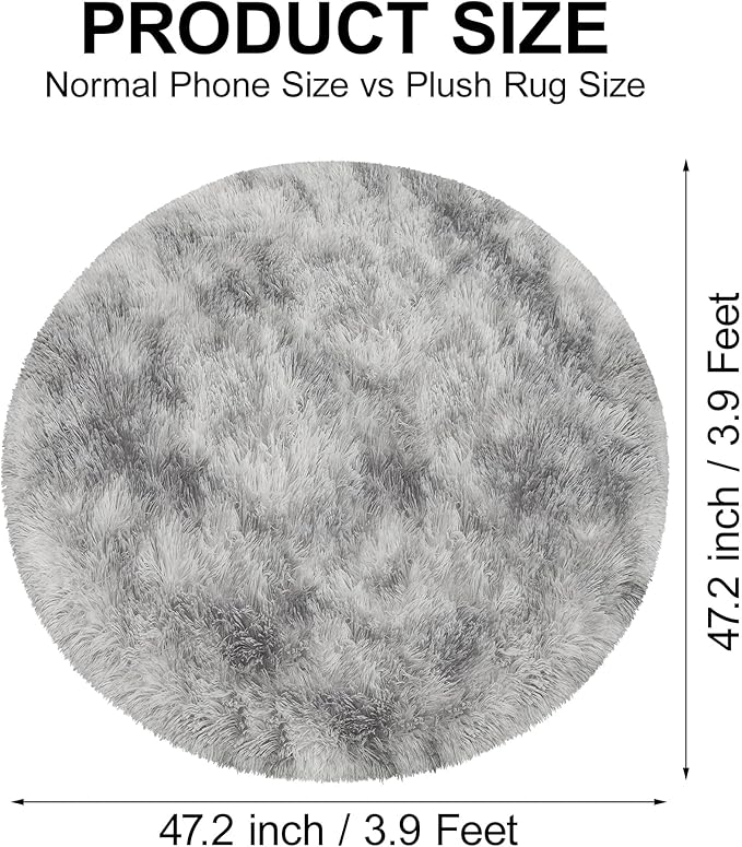 4x4 ft Tie Dye Grey Round Rug for Bedroom Room Fluffy Circle Rug Furry Carpet Shaggy Circular Fuzzy Washable Non-Slip Large Area Rug Soft Indoor for Living Room Cute Aesthetic Home Decor