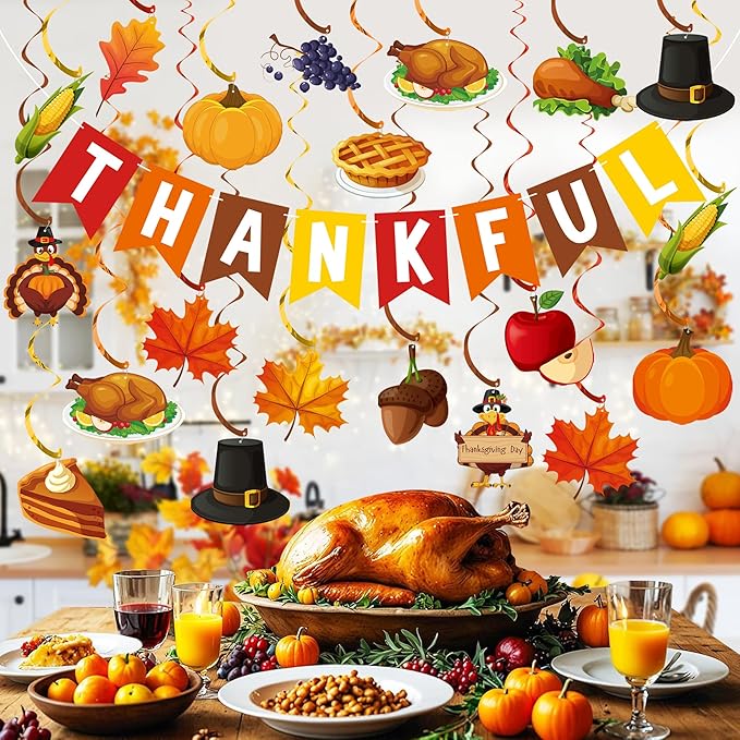 Thanksgiving Decorations Pre-strung Thankful Banner Turkey Pumpkin Maple Leaves Hanging Swirls Thanksgiving Hanging Ceiling Streamers for Indoor Outdoor Home Office Fall Autumn Harvest Party Decor