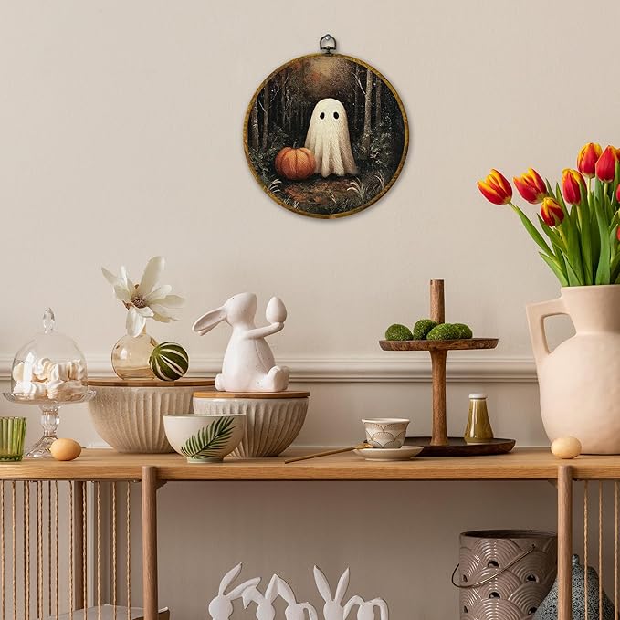 Mcehtle Vintage Halloween Dark Forest With Ghosts Wall Art Decor, Rustic Farmhouse Cottagecore Framed Canvas Prints 10x10, Dark Academia Round Wall Hanging Artwork Decorations for Bedroom Gallery