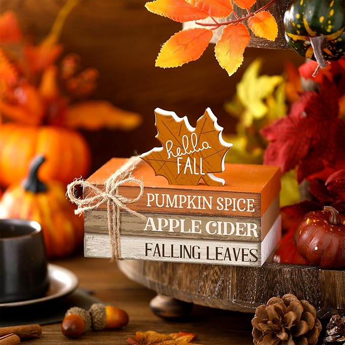 4 Pcs Fall Decorations for Home Fall Tiered Tray Decor Thanksgiving Wood Book Stack with Sign Autumn Stacked Book Decor Bundle for Office Table Shelf Decorative Trays(Maple Leaf)
