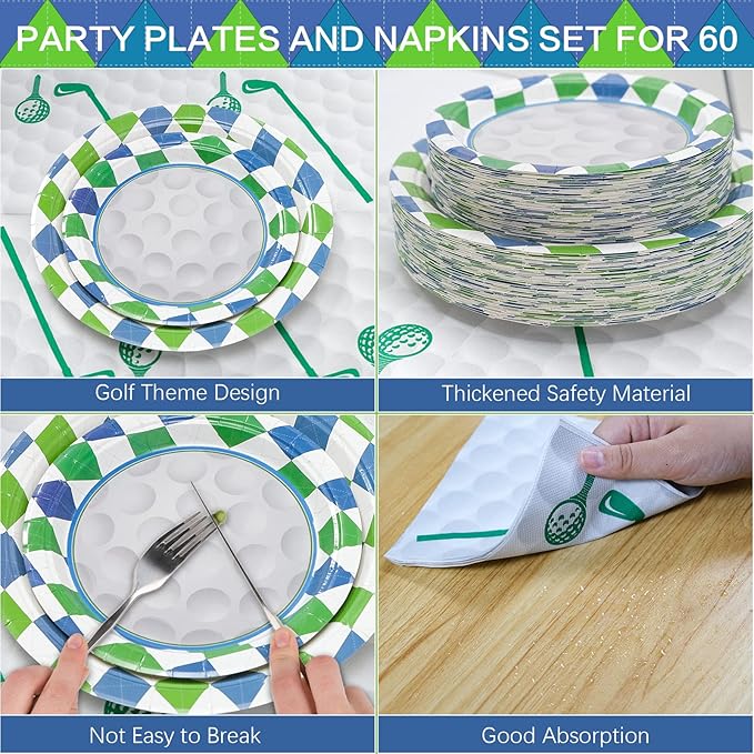 180Pcs Golf Party Supplies Paper Plates and Napkins Serve 60 Disposable Tableware Set for Birthday Party Decorations Game Day Family School Holiday Sports Events