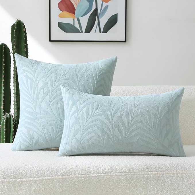 FUTEI Baby Blue Decorative Throw Pillow Covers 20x20 Inch Set of 2,Soft Chenille Phoenix Tail Leaf Textured Cushion Case,Modern Home Decor for Couch Bed Living Room