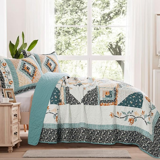 VAPUTAR Quilt King Size Bedding Set - 3 Pieces King Quilt Bedding Set, Boho King Size Quilt, Lightweight Reversible Coverlet Bedspread for Farmhouse Bedroom (Floral)