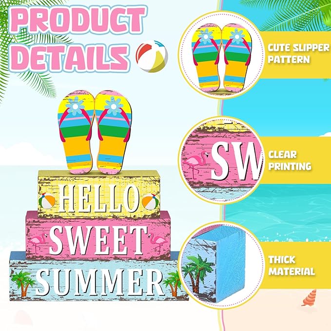 Geelin 4 Pcs Summer Decorations Wooden Sign Hello Summer Flip Flop Table Centerpiece Tiered Tray Decor Beach Farmhouse Blocks Table Top Sign for Home
