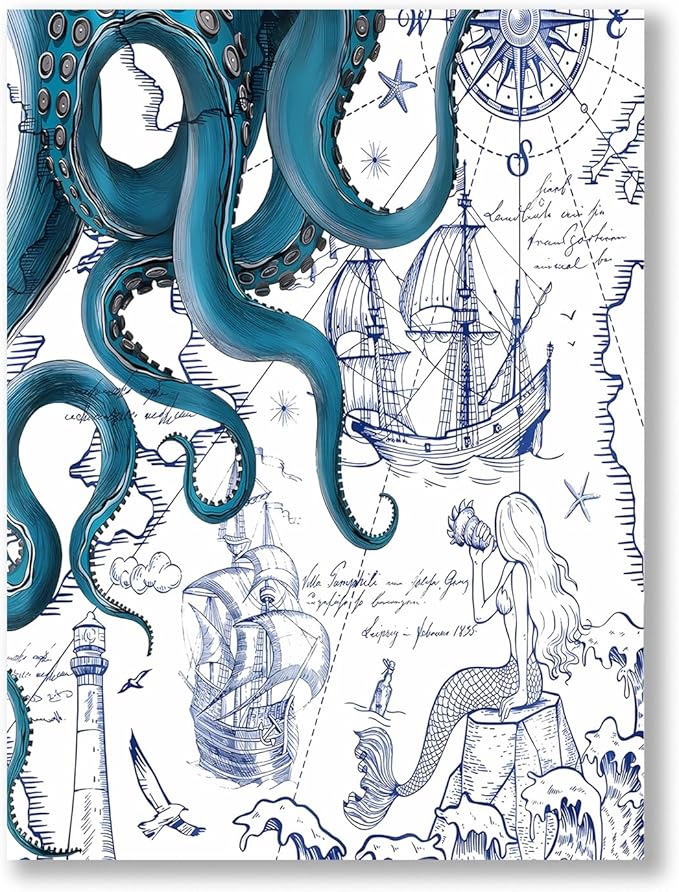 Nautical Ocean Wall Art, Coastal Canvas Print with Octopus and Ships, Blue Marine Life Artwork Decor for Bathroom, Coastal Bedroom, Living Room or Beach House 12 x 16 inches