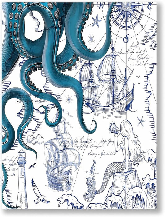 Nautical Ocean Wall Art, Coastal Canvas Print with Octopus and Ships, Blue Marine Life Artwork Decor for Bathroom, Coastal Bedroom, Living Room or Beach House 12 x 16 inches