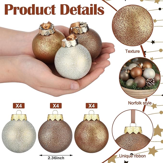 12 Pcs Neutral Textured Christmas Ball Ornaments 2.36'' Vintage Christmas Tree Decor Modern Rustic Brown Ornaments with Loop Shatterproof Hanging Ball for Xmas Farmhouse Decor (Earth Color)