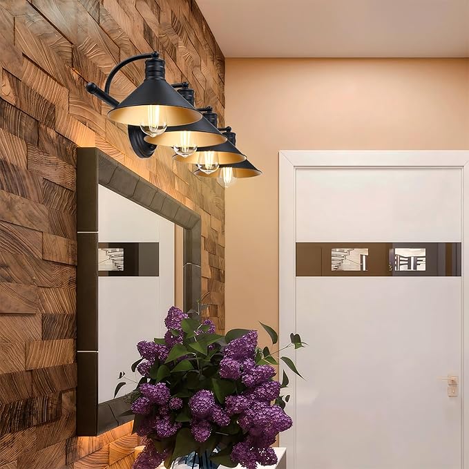4 Light Bathroom Vanity Light Over Mirror - Black and Gold Farmhouse Wall Light for Bathroom Vanity Powder Room, Rustic Goose Neck Barn Style 4 Bulb Wall Sconce Over Kitchen Sink
