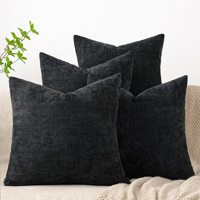 Set of 4 Soft Textured Decorative Throw Pillow Covers 18x18 Inch Cozy Farmhouse Cushion Cover Square Accent Pillow Cases for Bed Couch Sofa Living Room, Black