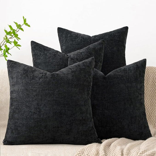 Set of 4 Soft Textured Decorative Throw Pillow Covers 20x20 Inch Cozy Farmhouse Cushion Cover Square Accent Pillow Cases for Bed Couch Sofa Living Room, Black
