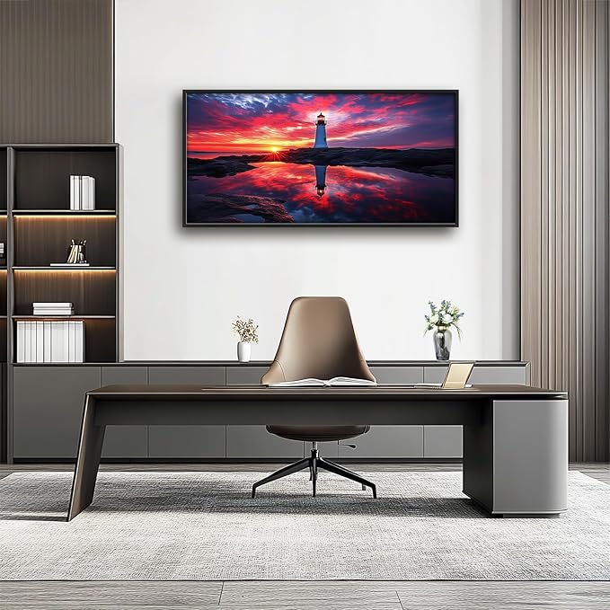 Olivine Lighthouse Wall Art, Nautical Coastal Pictures Wall Decor, Beach Sunset Paintings, Ocean Canvas Prints, Framed Artwork for Bathroom Bedroom Living Room Office Home Decoration 60"x30"