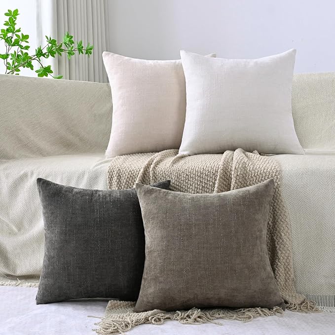 Set of 4 Soft Textured Decorative Throw Pillow Covers 18x18 Inch Cozy Farmhouse Cushion Cover Square Accent Pillow Cases for Bed Couch Sofa Living Room, Neutral
