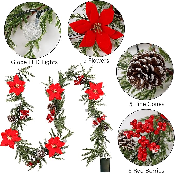 DR.DUDU 6 FT Pre-lit Artificial Christmas Garland with 20 LED Lights, Battery Powered with Pine Cones, Red Berries, Pine Needles, Lighted Christmas Wreath for Holiday Party, Xmas Tree Decorations