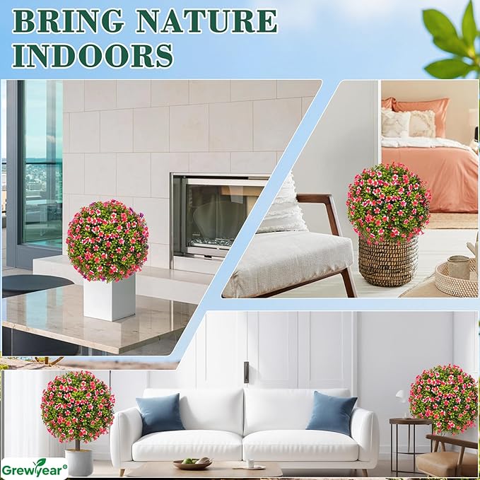 Artificial Pink Topiary Ball Trees with Ground Spike Set of 2, Faux Boxwoods for Outdoor Planters, UV Resistant Artificial Outdoor Plants for Porch, Fake Bushes Round Flower Shrub with Lilac