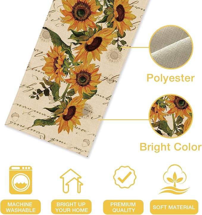 Seliem Fall Sunflowers Table Runner, Vintage Spring Summer Flower Home Kitchen Dining Decor, Seasonal Farmhouse Floral Decorations Indoor Outdoor Party Supply 13 x 120 Inch