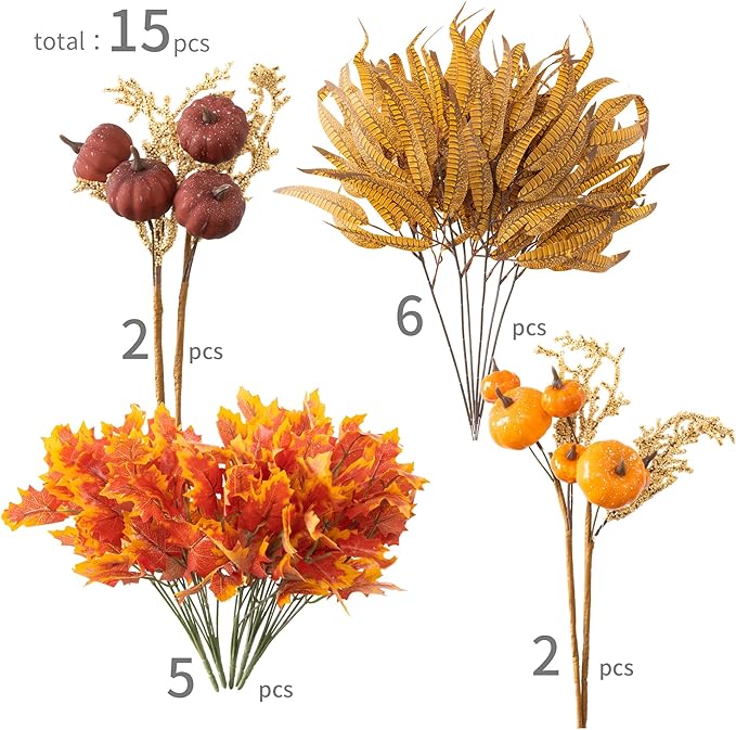 15pcs Outdoor Fall Artificial Branch with Pumpkin, Feather and Maple Leaves for Indoor Outside Hanging Plants Garden Porch Window Box Home Wedding Farmhouse Décor
