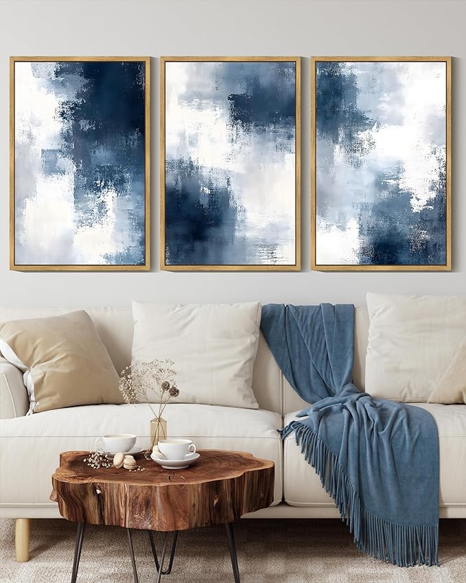 KUVIOKE Navy Blue Abstract Wall Art Framed Neutral Brush Strokes Block Shape Mid Century Art Prints Minimalist Modern Illustrations Bedroom Hallway 16x24in (Natural Framed)