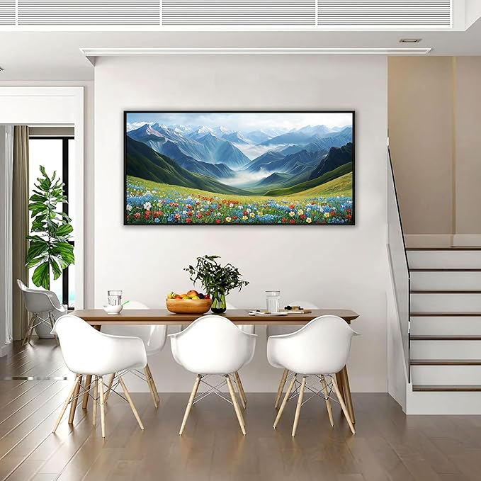 KLAKLA Mountain Wall Art - Large Landscape Living Room Wall Decor Rustic Wild Daisies Misty Forest Snowy Mountains Canvas Picture Framed Artwork for Walls - 48x24 Inches