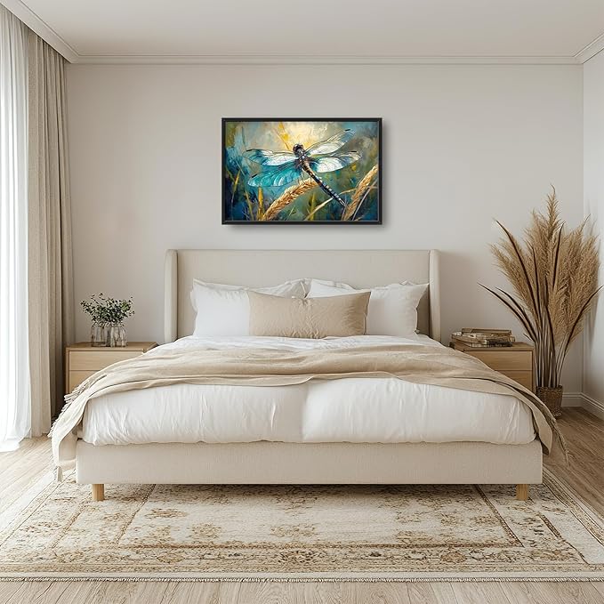 Olivine Dragonfly Wall Art, Vintage Dragonfly Pictures Wall Decor, Nature Painting, Insect Canvas Prints, Framed Artwork for Bathroom Bedroom Living Room Office Home Decoration 36"x24"