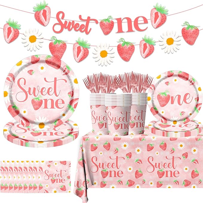 Strawberry 1st Birthday Party Decorations for Girls - Sweet One 1st Birthday Tableware Including Plates,Napkins,Tablecloths Summer Fruit Table Decorations for Berry First Party Supplies