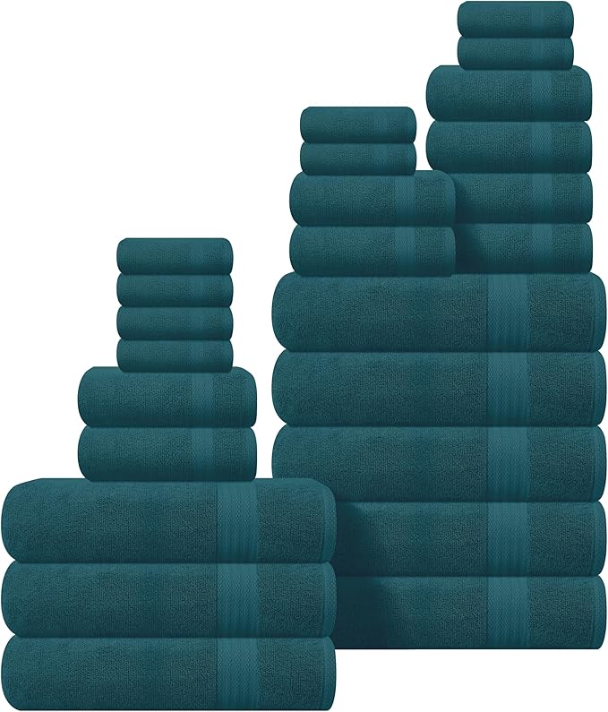 GLAMBURG Ultra Soft 24-Piece Towel Set - 100% Pure Ringspun Cotton, Contains 8 Oversized Bath Towels 27x54, 8 Hand Towels 16x28, 8 Wash Cloths 13x13 - Ideal for Everyday use, Hotel & Spa - Teal