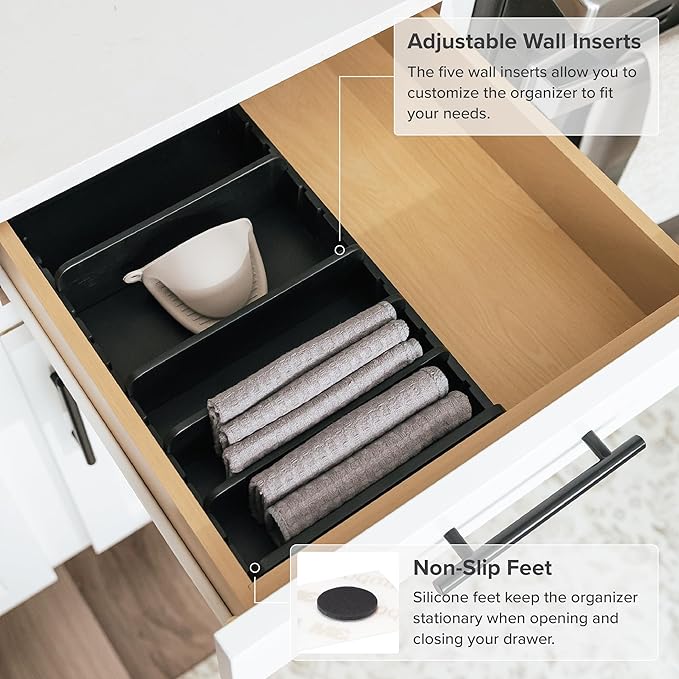 Bamboo Kitchen Towel and Food-Storage Organizer, Perfect for Kitchen Drawers, Cabinets, Pantry, 5 Adjustable Wall Inserts, Non-Slip Feet, Food-Safe Black Finish