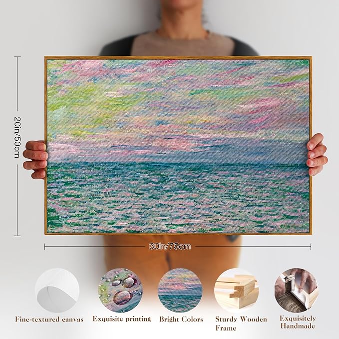 crmotu Framed Canvas Wall Art, Ocean Sunset Vintage Landscape Painting, Sea Dusk Aesthetic Art Prints, Abstract Nature Pictures Wall Decor Living Room Bathroom Bedroom Farmhouse Office Artwork 20x30in