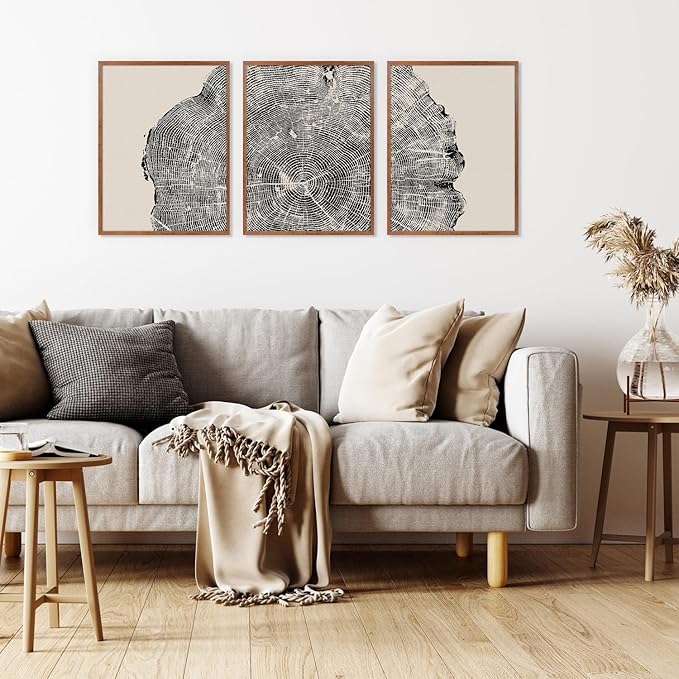 CHDITB Framed Wood Tree Rings Wall Art Set, 16x24in Black and White Canvas Art Wall Decor, Abstract Nature Wall Pictures Prints, Modern Paintings Wall Art for Living Room, Bedroom, Farmhouse(3Pcs)