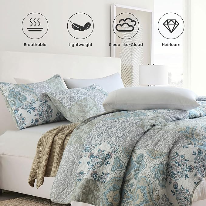 Secgo Queen Size Comforter Set- 100% Cotton Quilt Queen Size Set, Green, Sage bedspreads (90 * 96 Inch) with 2 Pillow Shams, Patchwork Reversible Lightweight Bedding