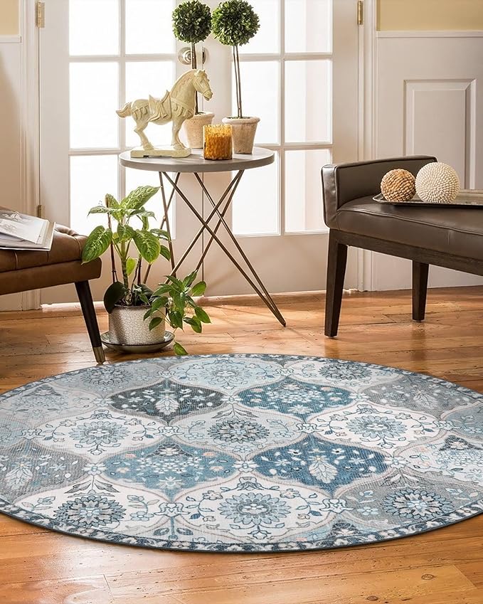 Lahome Moroccan Trellis Washable Round Rugs, Non-Slip Soft Round Rug 4ft Ultra-Thin, Small Vintage Circle Carpet for Entryway Kitchen Bedroom Nursery Bathroom, Blue