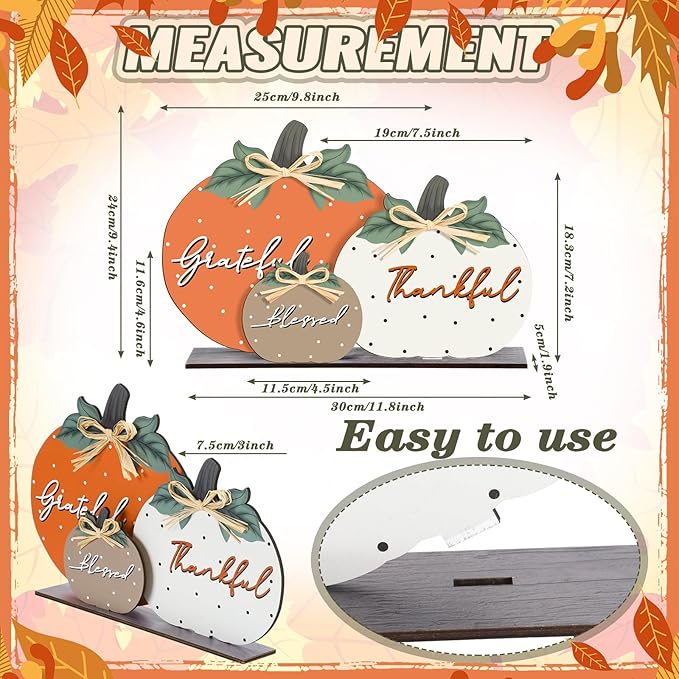Soaoo Fall Pumpkin Table Decorations Wooden Thankful Blessed Centerpiece Autumn Grateful Tabletop Decor Farmhouse Harvest Pumpkin Block Signs for Party Rustic Table Shelf Decor Home(Vintage)