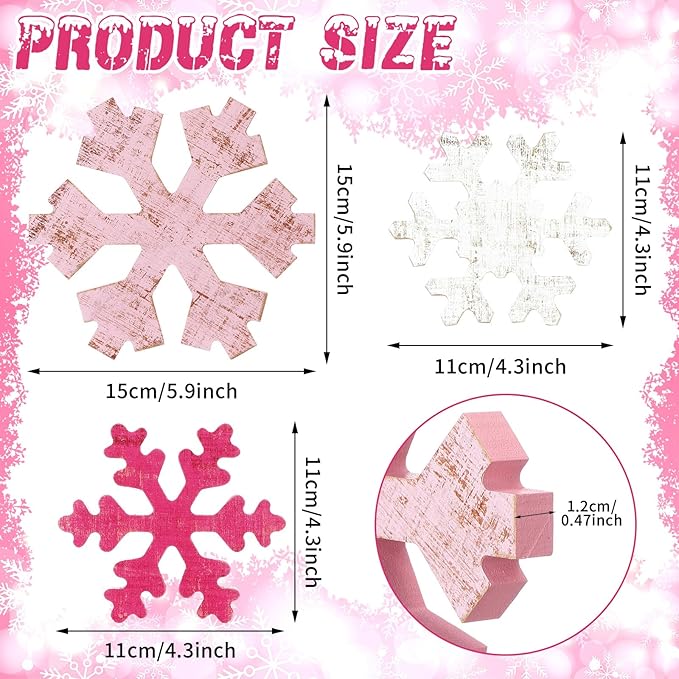 Bucherry 3 Pcs Winter Wooden Snowflake Decor Rustic Winter Snowflake Table Signs Wonderland Wood Blocks Farmhouse Christmas Tiered Tray Decorations for Xmas Table Shelf(Pink, Rose Red, White)