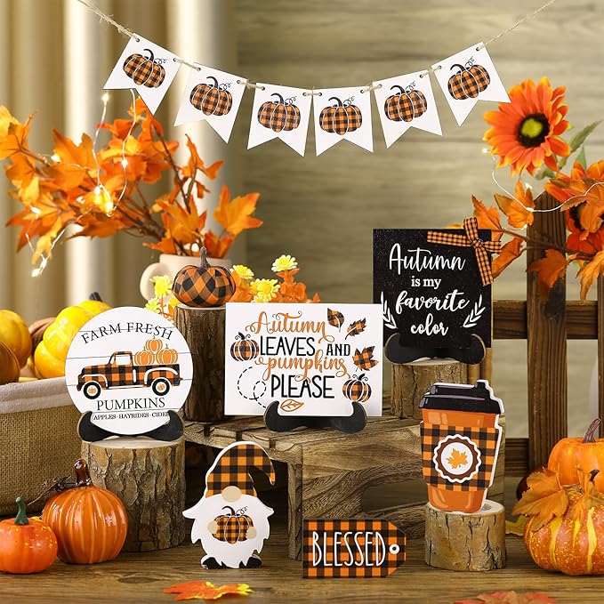Maitys 13 Pcs Fall Tiered Tray Decor Set Thanksgiving Pumpkin Gnome Rustic Farmhouse Decoration Autumn Decor Autumn Harvest Decorative Trays Wooden Tabletop Signs for Home Kitchen(Orange Plaid Style)